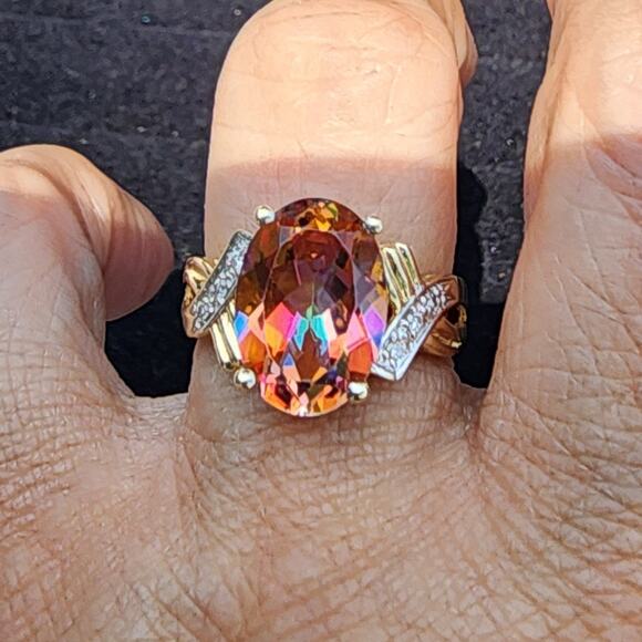 Vintage Jewelry - Vintage Fire Mystic Topaz Diamond 14k Yellow Gold Cocktail Ring 8